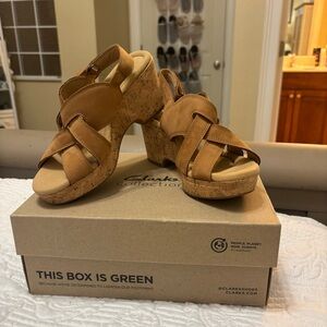 Clarks Tan Wedge Sandals with Gladiator Straps